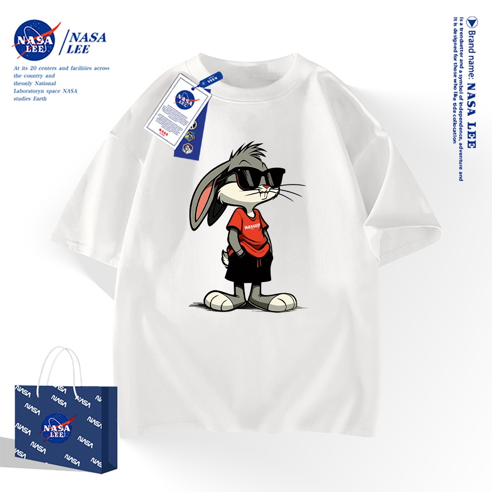 NASA เสื้อยืดแขนสั้นสไตล์อเมริกัน เนื้อผ้าฝ้าย 100% สำหรับผู้ชายและผู้หญิง ดีไซน์บักส์บันนี