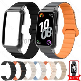 สายรัดซิลิโคนพร้อมกรอบเคสโลหะสร้อยข้อมือแม่เหล็กสําหรับ Huawei Band 11 Pro 10 9 8 7 6 / Honor Band 9 7 6