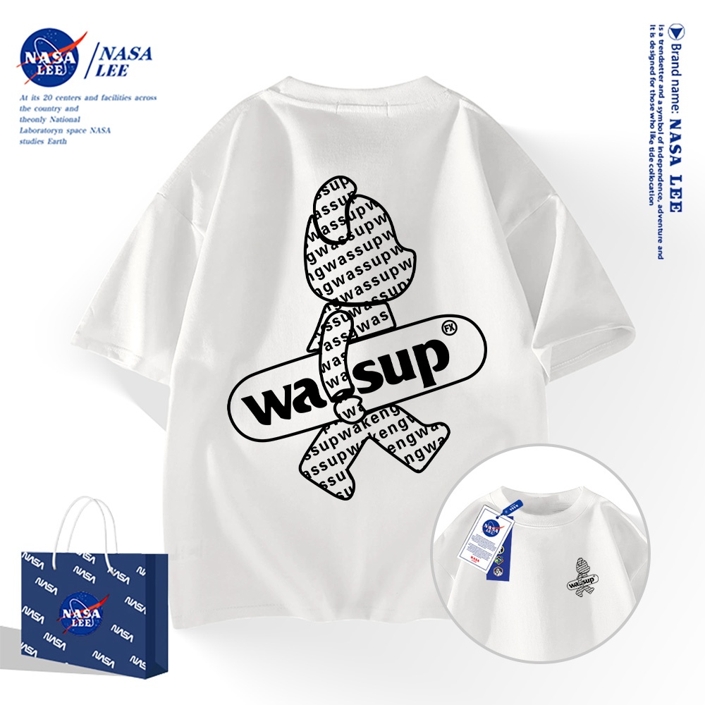 NASA เสื้อยืดแขนสั้นสไตล์อเมริกัน เนื้อผ้าฝ้าย 100% สำหรับผู้ชายและผู้หญิง ดีไซน์หมีกับตัวอักษร
