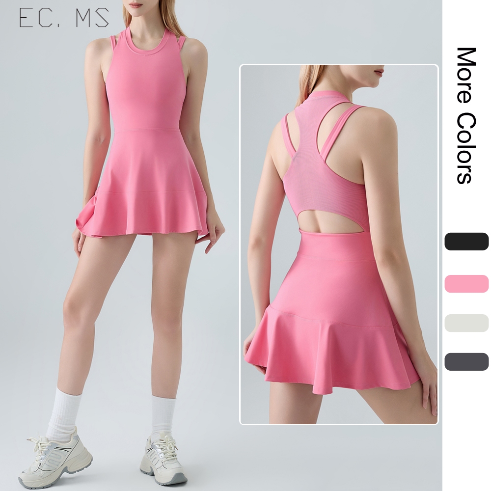 ชุดกีฬาผู้หญิงเบาะรวบรวม Onepiece ตาข่าย Patchwork Hollow Out กลับแขนกุดจีบ Mini A Line Party GYM การออกกําลังกายชุดกอล์ฟ