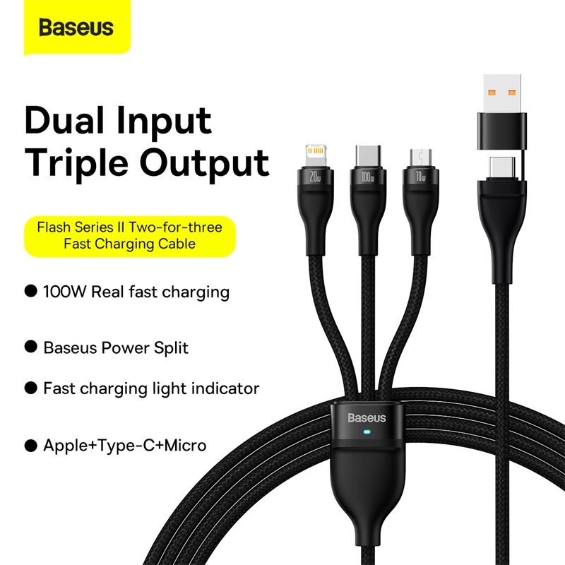 BASEUS สายชาร์จ 3 in 2 USB Type-C to M+L+C 5A 100W ชาร์จเร็วสุด