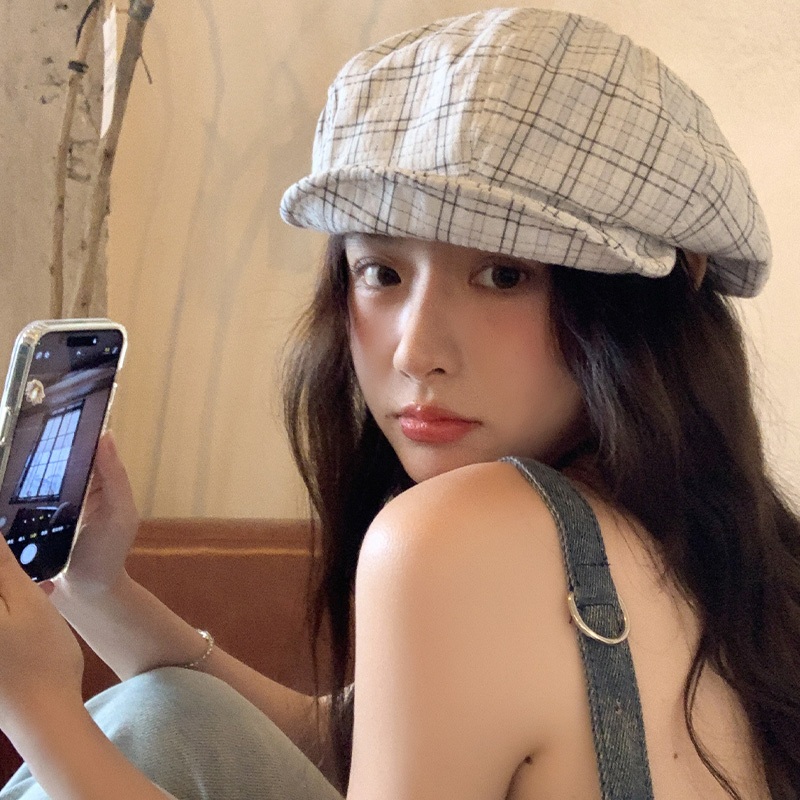 P ลายสก๊อต Beret หญิงฤดูใบไม้ผลิฤดูร้อนบางสไตล์เกาหลีรุ่น All-Match Face หมวกแปดเหลี่ยมขนาดเล็กสไตล์ญี่ปุ่นหัวใหญ่เส้นรอบวงจิตรกร