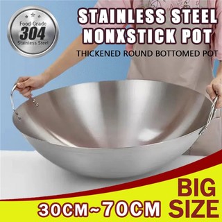 70CM-30CM Big Size 304 Stainless Steel Wok Raging Frying Pan Double Ear Iron Pot Fire Stove Frying Pan