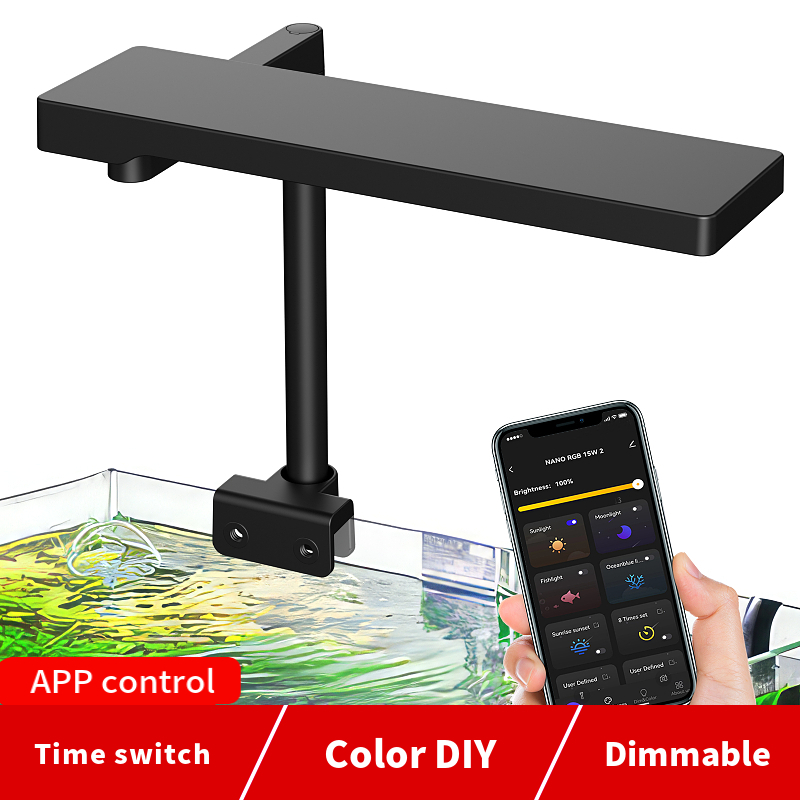 （การจัดส่งที่รวดเร็ว)15 วัตต์ LED Full Spectrum Nano Aquarium Light, โคมไฟพิพิธภัณฑ์สัตว์น้ำพร้อมตัวจับเวลา, การควบคุมแอพอัจฉริยะตู้ปลาไฟ RGB LED, พระอาทิตย์ขึ้นดวงอาทิตย์ดวงจันทร์, โหมด DIY, แสงคลิป