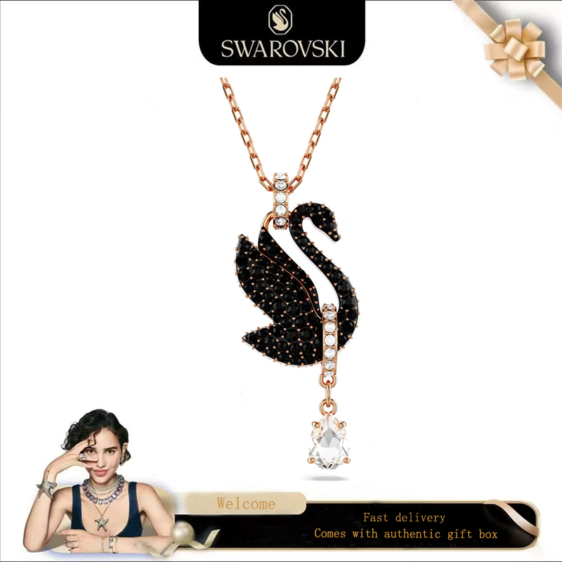 Swarovski (ใหม่) สร้อยคอแฟชั่นผู้หญิง Rose and Swan พลอยคริสตัลสีดํา Swarovski Iconic Swan จี้สร้อยคอของขวัญวันวาเลนไทน์ของขวัญวันเกิด
