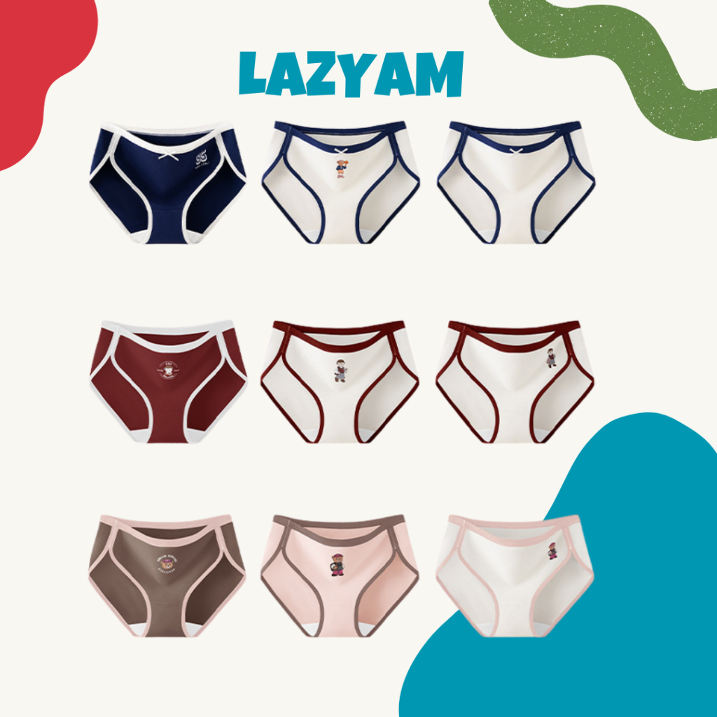 LAZYAM กางเกงในผู้หญิงคอตตอน เอวกลาง ลายหมี สไตล์นักเรียนผสมสปอร์ต