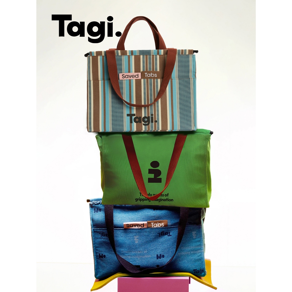 Tagi. Tote Bag กระเป๋าถือลายทางตัดกัน กระเป๋าลำลอง กระเป๋าใส่โน๊ตบุ๊ค กระเป๋าใส่โน๊ตบุ๊ก โดพามีน