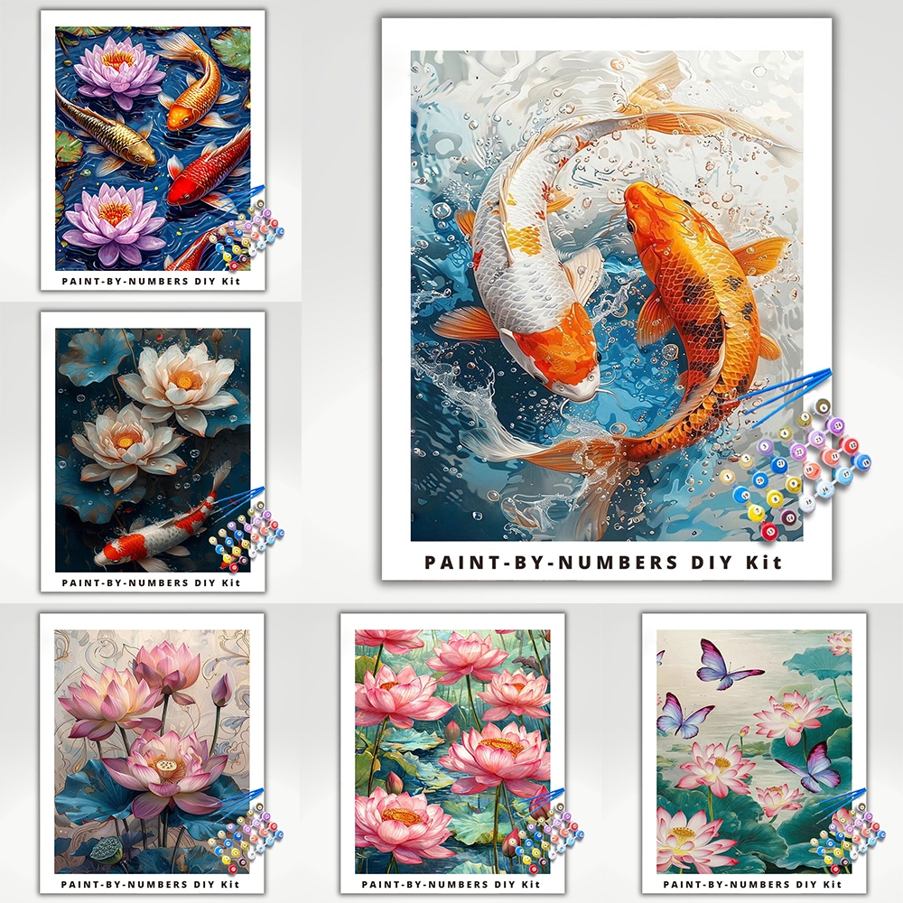 【พร้อมกรอบ】Drofe,ระบายสีตามตัวเลข,ดอกบัวและปลาคาร์ฟ,ภาพวาด DIY,ภาพวาดผ้าใบ,ภาพระบายสี,การตกแต่งห้อง