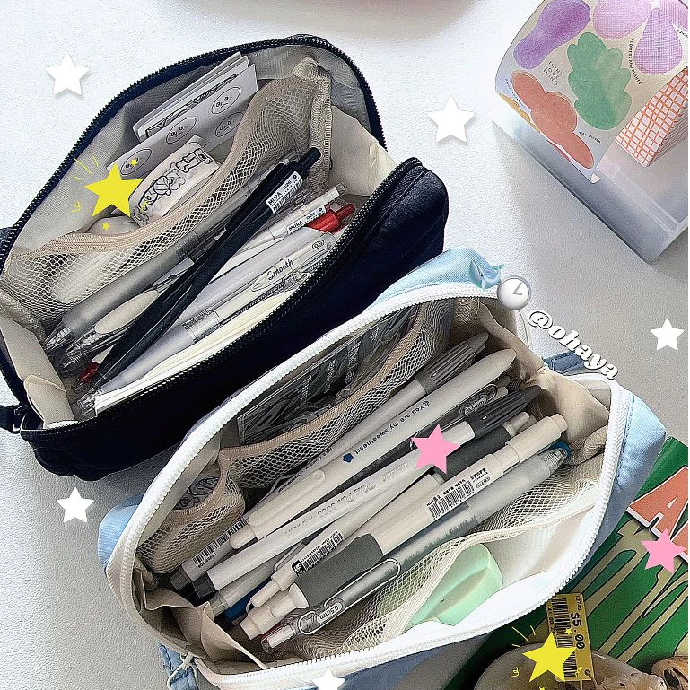 โอยา |D467 หมอนหมอนกล่องดินสอ อิน สีทึบสีดําสีฟ้าหลายชั้นกระเป๋าเครื่องเขียนนักเรียนกระเป๋าเก็บเครื่องเขียน