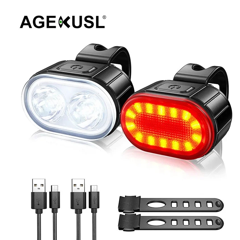 Agekusl ไฟหน้า LED จักรยาน USB ชาร์จ พร้อมไฟท้าย สําหรับจักรยาน