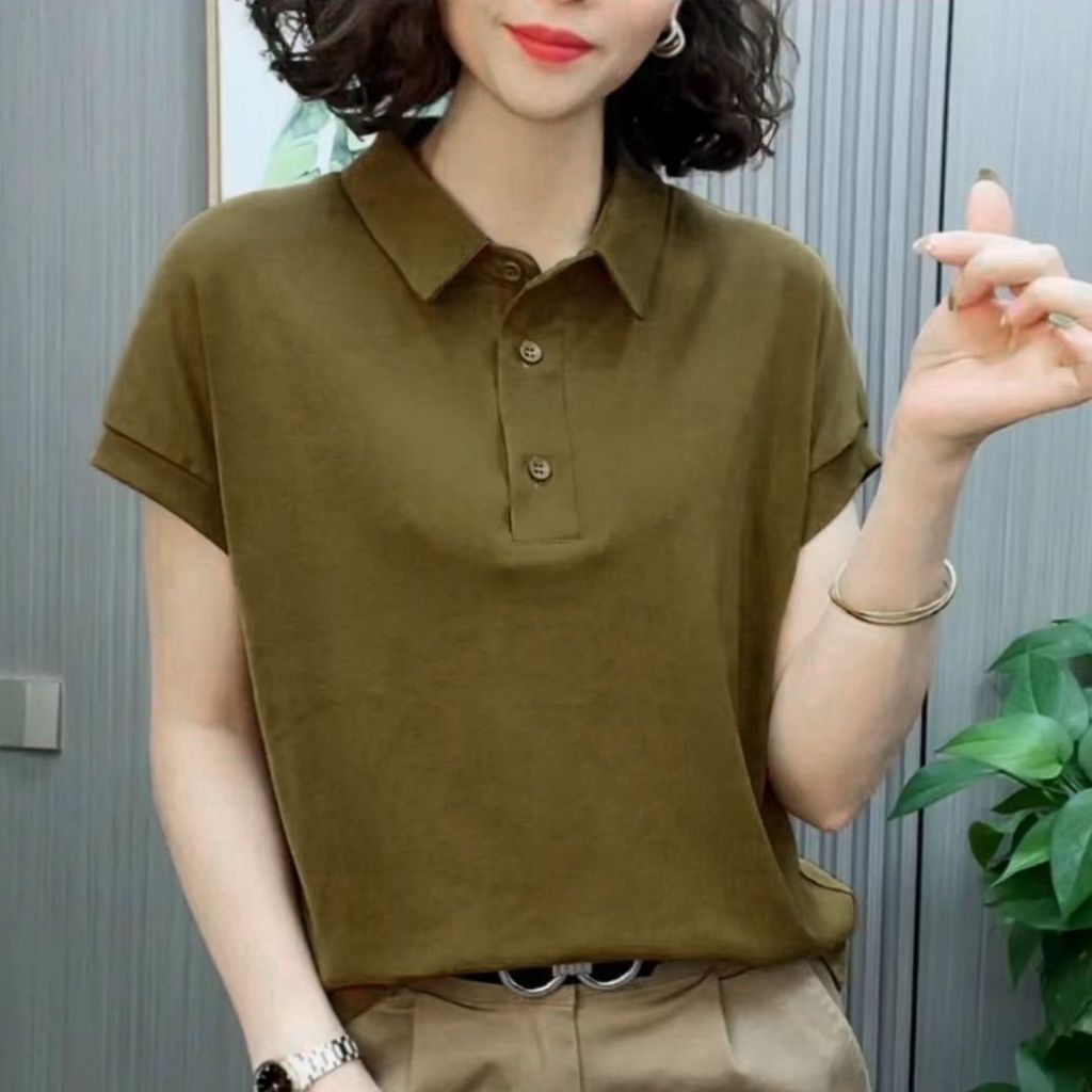 Oversize เสื้อผู้หญิงแขนสั้น Wanita Baju Polo Collared V คอเสื้อหลวมยาวเสื้อฤดูร้อนสีธรรมดาเสื้อผ้าขนาดใหญ่ Plus ขนาด #304