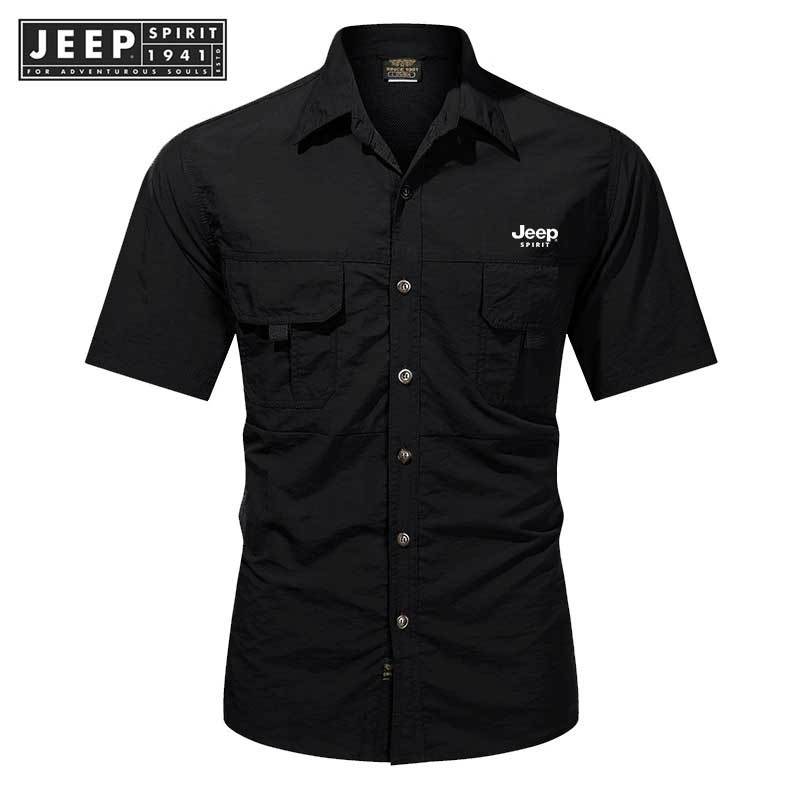 Jeep SPIRIT 1941 ESTD เสื้อเชิ้ตชุดทํางานผู้ชายฤดูร้อนใหม่ทรงเข้ารูปแห้งเร็ว