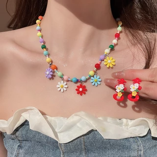 [Jewbeauty]ชุดต่างหูสร้อยคอดอกไม้สีสันสดใส ห่วงโซ่กระดูกไหปลาร้าดีไซน์ส่วนบุคคล สไตล์วันหยุด เค้นคอหวานและอ่อนโยน