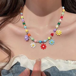 [Jewbeauty]ชุดต่างหูสร้อยคอดอกไม้สีสันสดใส ห่วงโซ่กระดูกไหปลาร้าดีไซน์ส่วนบุคคล สไตล์วันหยุด เค้นคอหวานและอ่อนโยน