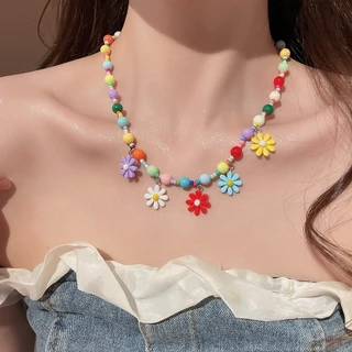 [Jewbeauty]ชุดต่างหูสร้อยคอดอกไม้สีสันสดใส ห่วงโซ่กระดูกไหปลาร้าดีไซน์ส่วนบุคคล สไตล์วันหยุด เค้นคอหวานและอ่อนโยน