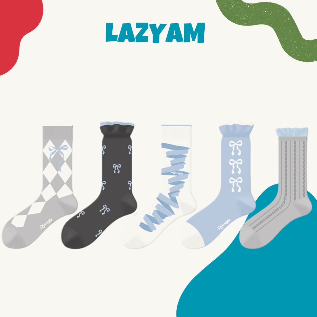 LAZYAM ถุงเท้าผู้หญิง ข้อกลาง ลายโบว์ สไตล์เกาหลี ผ้าฝ้าย ระบายอากาศดี ใส่สบายทุกวัน