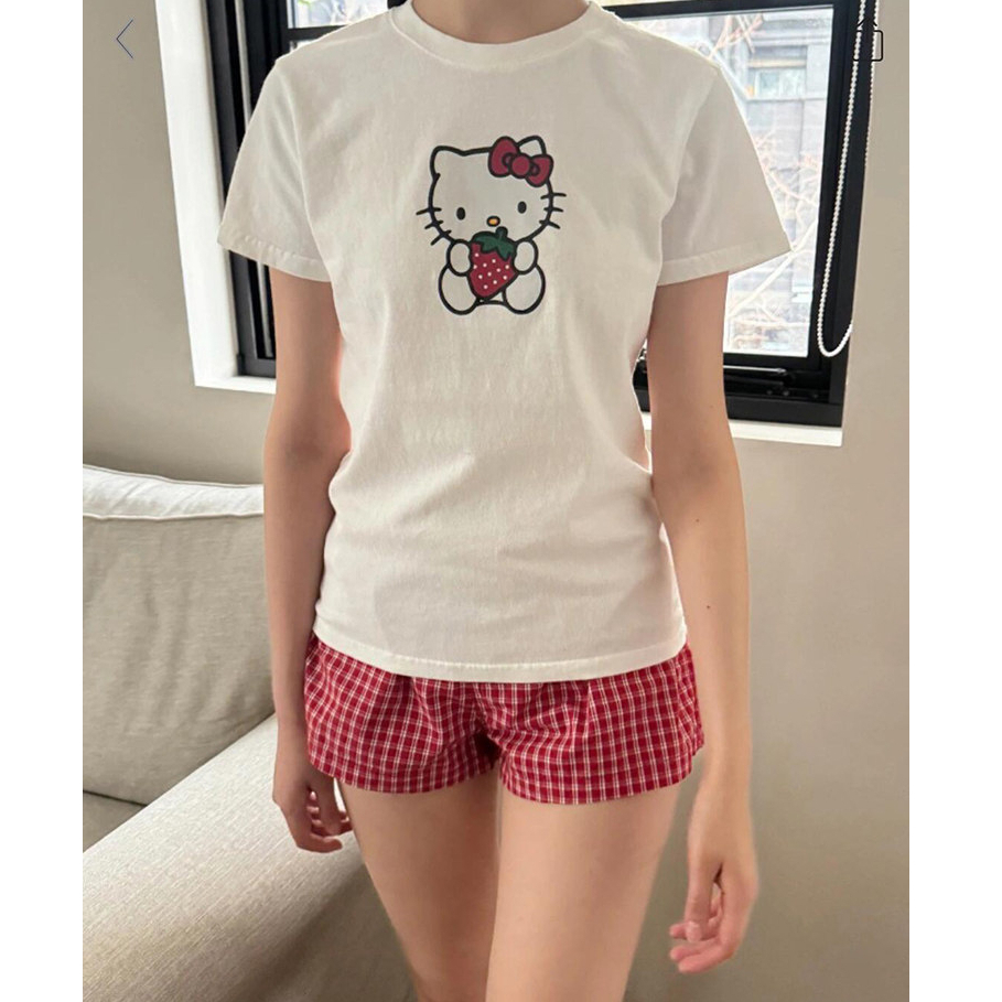 BM สไตล์การ์ตูนพิมพ์สีขาวรอบคอแขนสั้นเอวสูง All-Match U-คอของแท้ไหล่เสื้อยืดยุโรปสไตล์อเมริกันRetroพ