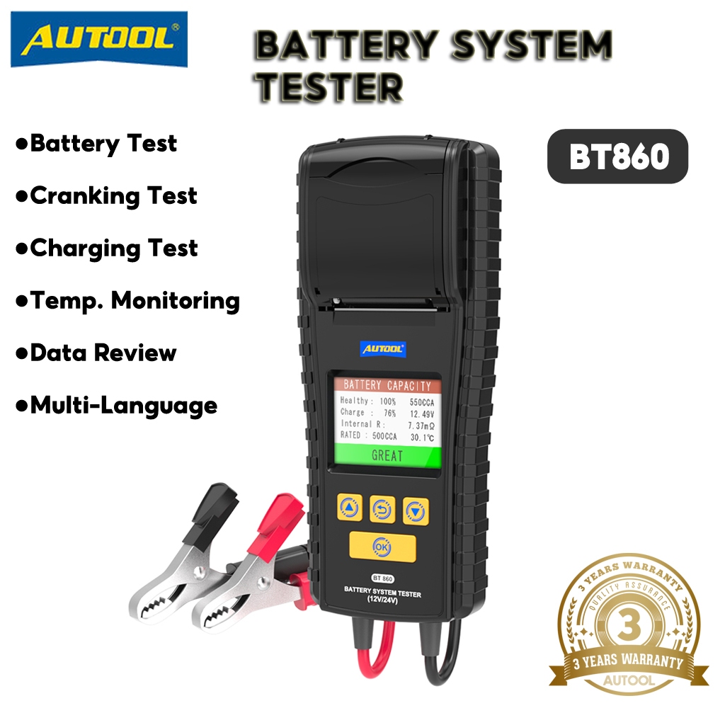 AUTOOL BT860 เครื่องทดสอบแบตเตอรี่ 12-24V พร้อมเครื่องพิมพ์และหน้าจอสีตรวจสอบอุณหภูมิ – โปรปัง