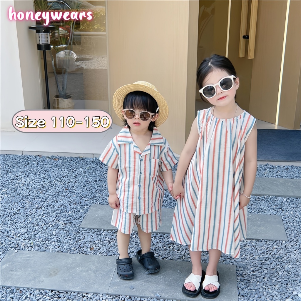 honeywears⚡️พร้อมส่ง⚡️ชุดเซ็ทเด็กฤดูร้อน ลายทางแฟชั่น แขนสั้นกางเกงขาสั้นเด็กชาย กระโปรงแขนกุดหลวมเด็กผู้หญิง เสื้อพี่ชายและน้องสาว ไซส์ 110-150