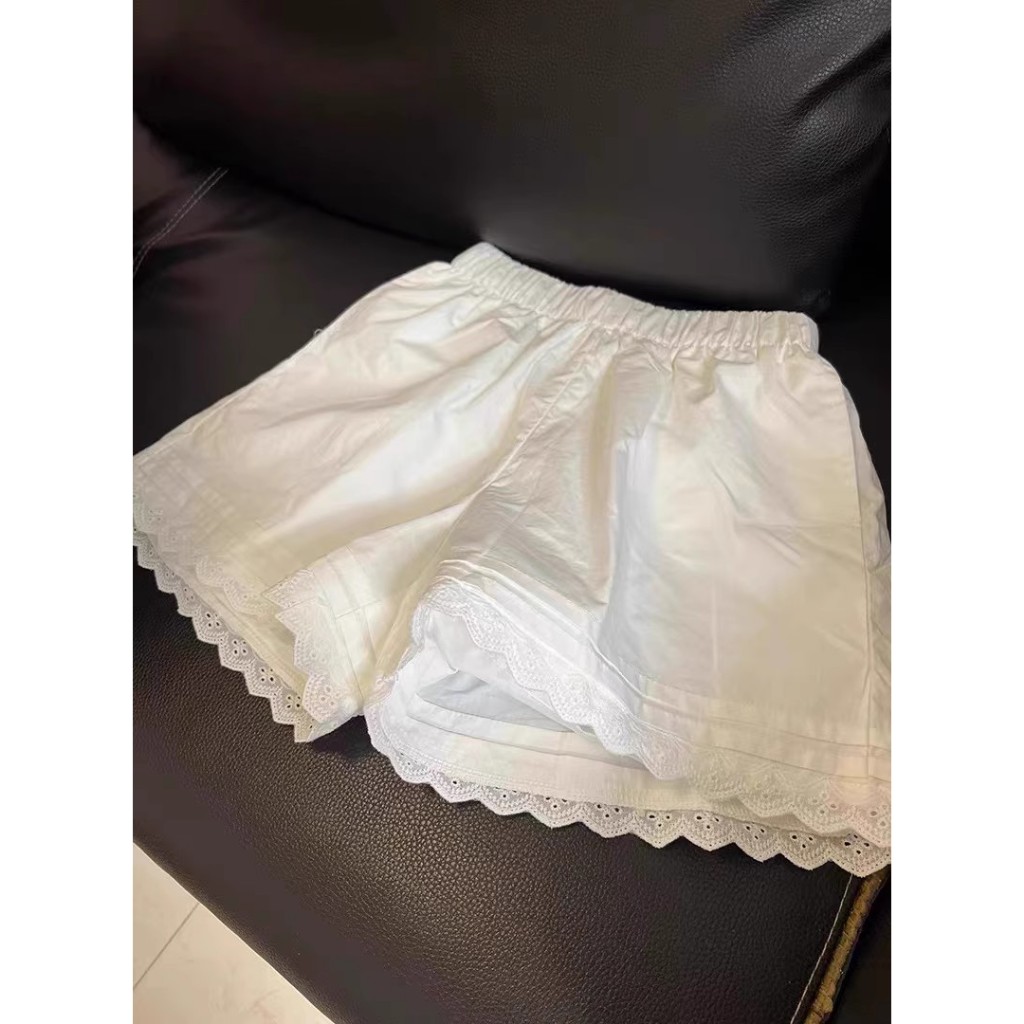 NZN ผู้หญิงกางเกงขาสั้นลูกไม้สีขาวฤดูร้อนบางสไตล์หลวมสไตล์หลวมขนาดเล็ก ก-เส้น กางเกงขากว้างลําลอง