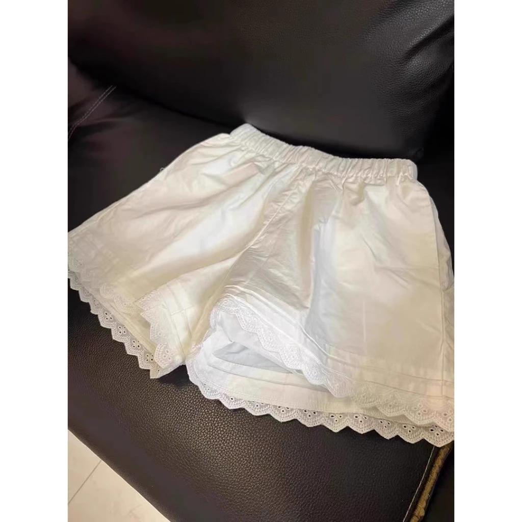 NZN ผู้หญิงกางเกงขาสั้นลูกไม้สีขาวฤดูร้อนบางสไตล์หลวมสไตล์หลวมขนาดเล็ก ก-เส้น กางเกงขากว้างลําลอง