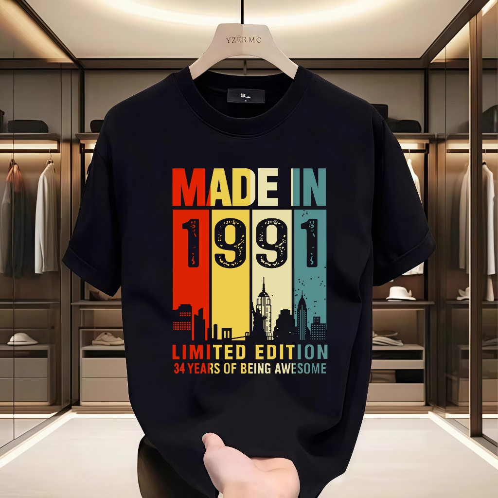 2025 สไตล์ใหม่ 1991 34th วันเกิดผ้าฝ้ายแท้สีดําและสีขาว HD Street Punk แฟชั่นญี่ปุ่นและเกาหลีเสื้อยื