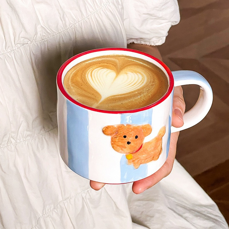 แก้วกาแฟเซรามิกลายนูน 300มล. แก้วน้ําลูกสุนัขน่ารัก ถ้วยนมไมโครเวฟได้ ถ้วยชา