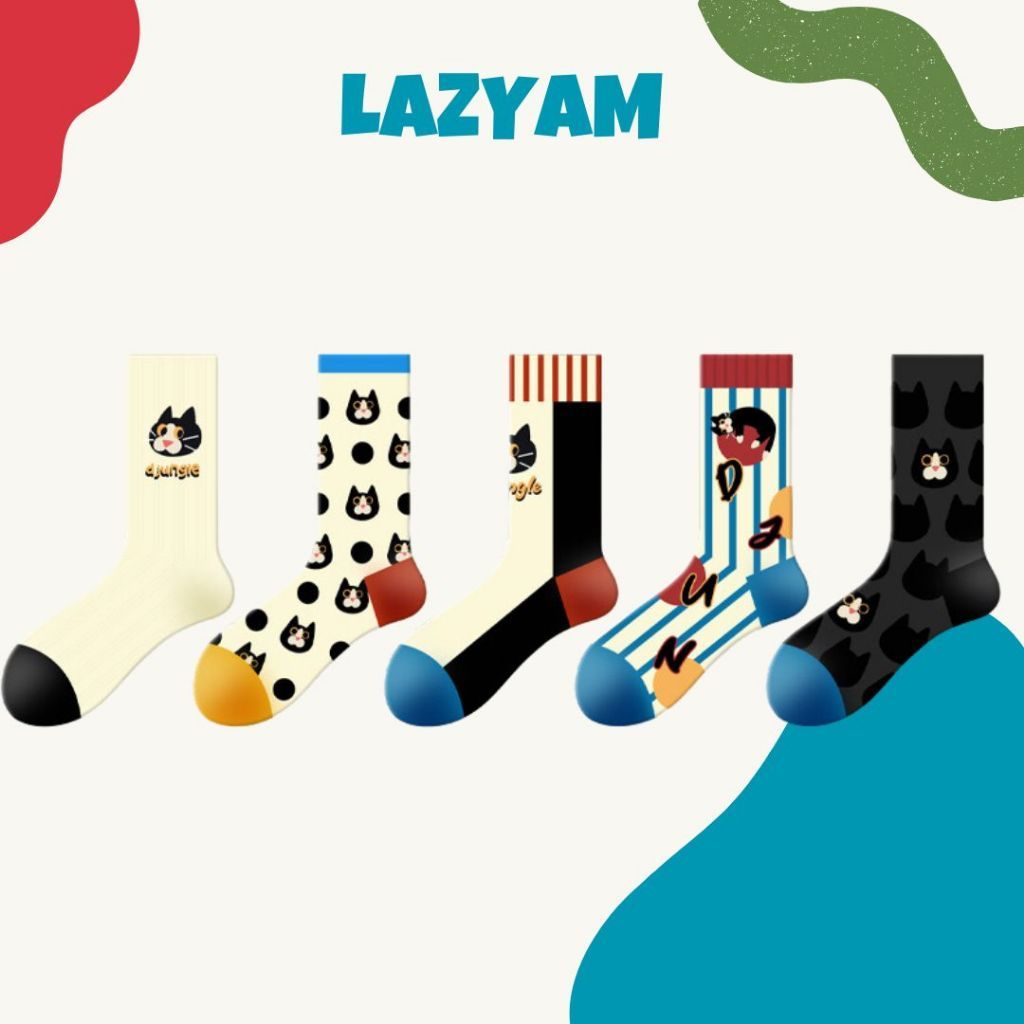 LAZYAM ถุงเท้าผู้หญิง ชุดลายการ์ตูน ข้อกลาง ผ้าฝ้าย นุ่ม ใส่สบาย สไตล์อินเทรนด์ น่ารักสุดๆ