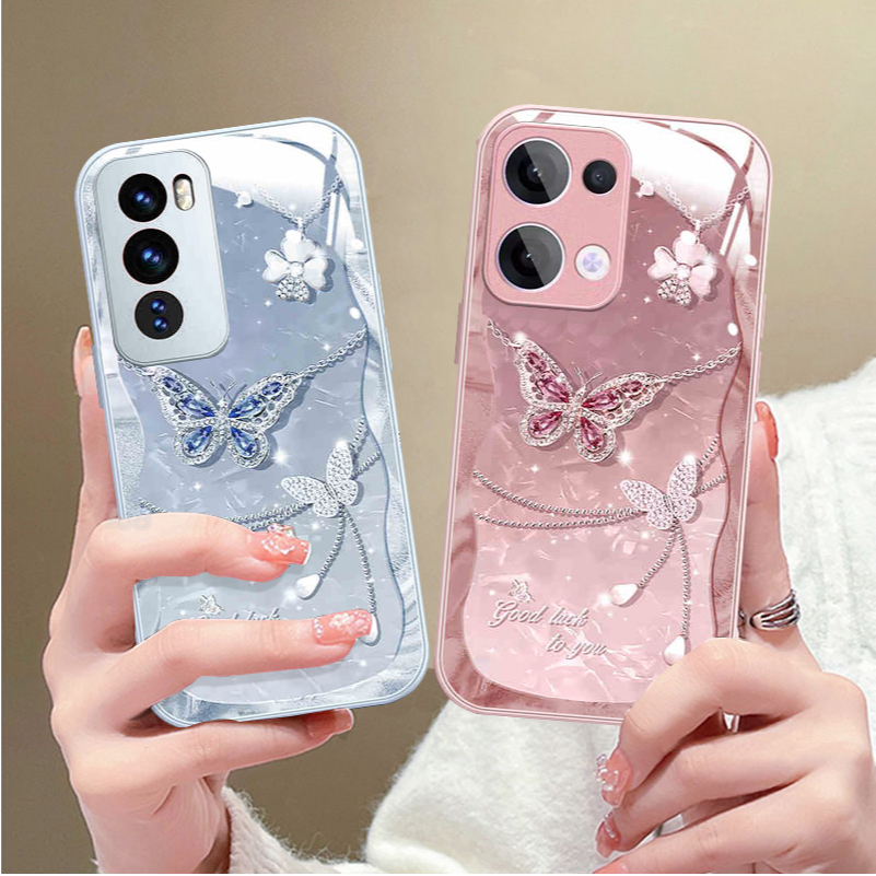 เคส OPPO Reno 14 14F 13 13F 5G เคส OPPO Reno 14 13 Pro Reno13 5G เคสน่ารักผีเสื้อแวววาวสร้อยคอกันกระแทกซิลิโคนนุ่มขอบหรูหราของเหลวแก้วเคสโทรศัพท์สําหรับเด็กผู้หญิงผู้หญิง