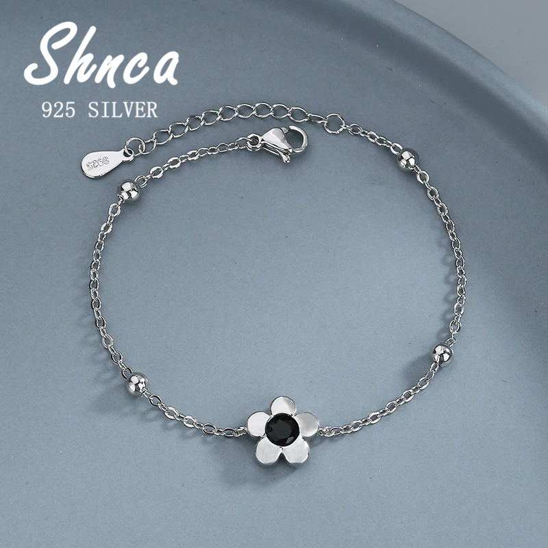 หรูหราแฟชั่นดอกไม้สีดํา 925 เงินสเตอร์ลิงผู้หญิงสร้อยข้อมือ ปอนด์063