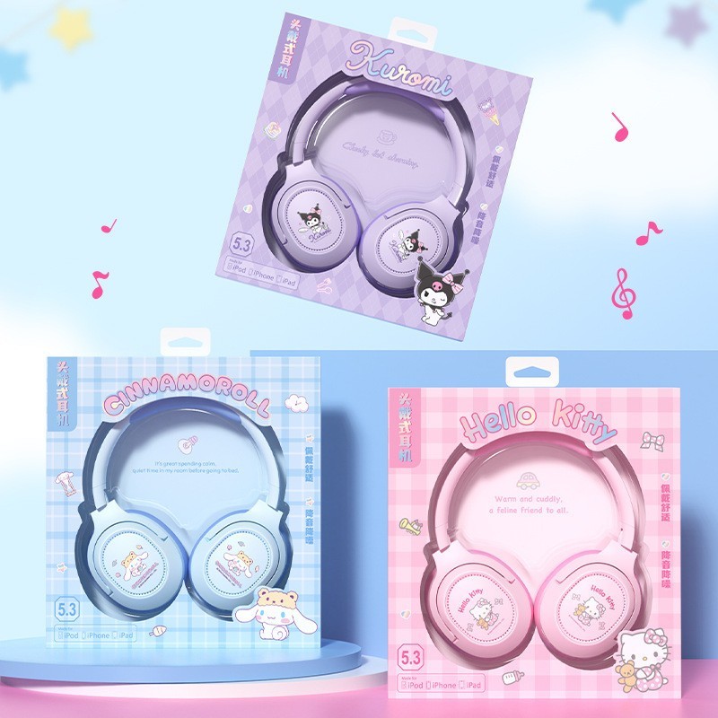 หูฟังบลูทูธ Sanrio ของแท้ บลูทูธเวอร์ชั่น 5.4 หูฟังเกมมิ่งคอมพิวเตอร์ Kuromi แบบครอบหู ตัดเสียงรบกวน หูฟังไร้สายสำหรับเด็ก ของขวัญวันเกิด