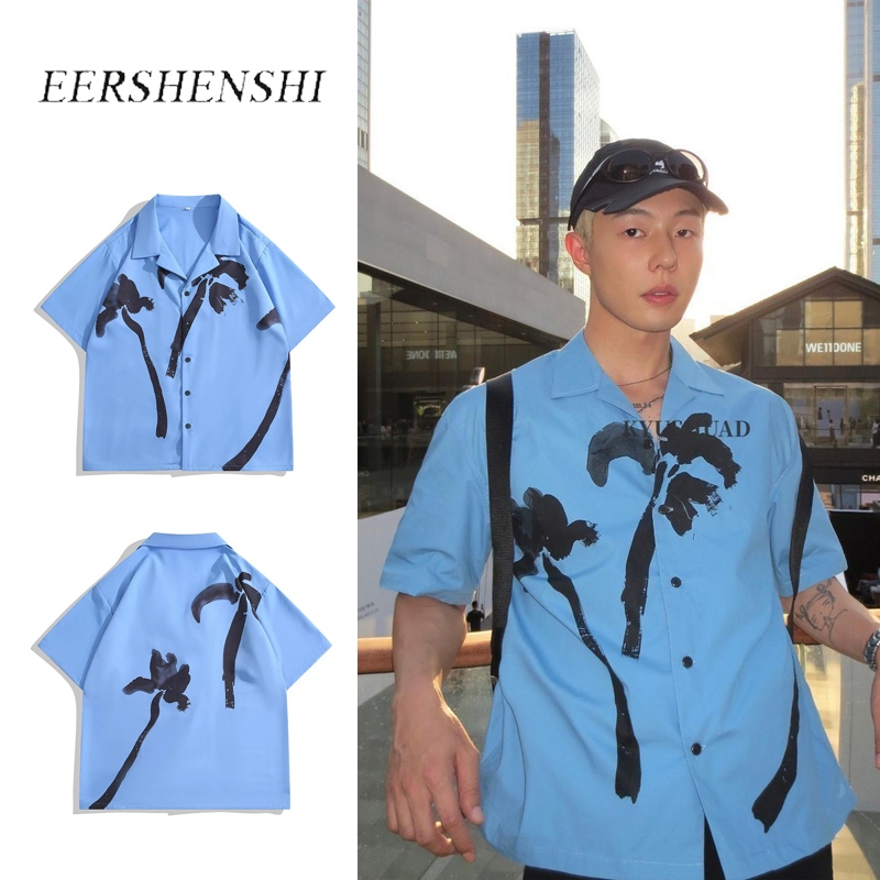 Eershenshi ใหม่ปลอกคอคิวบาพิมพ์ต้นฉบับสไตล์วันหยุดฮาวายสีน้ําเงินแขนสั้น