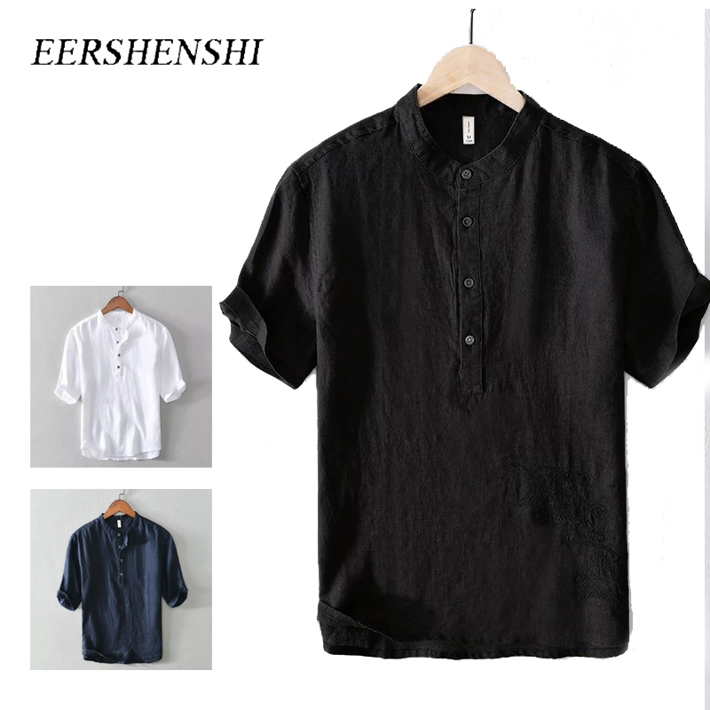 Eershenshi เสื้อเชิ้ต Henley ผ้าลินินสีขาวมีสไตล์สําหรับผู้ชาย – ชุดลําลองแขนสั้นทรงหลวมฤดูร้อน