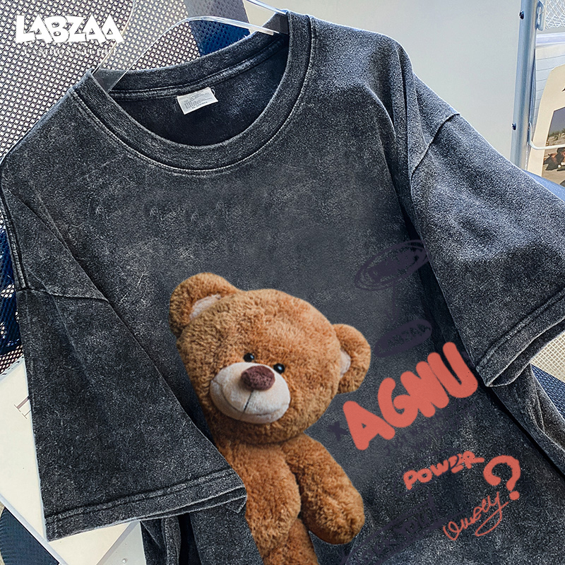 เสื้อยืดสีฟอกแขนสั้นลายหมีแทดดี้สไตล์อเมริกัน ผ้าคอตตอน 100% สำหรับผู้ชายและผู้หญิง YG63
