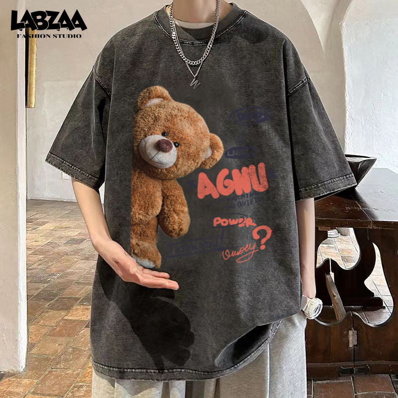 เสื้อยืดสีฟอกแขนสั้นลายหมีแทดดี้สไตล์อเมริกัน ผ้าคอตตอน 100% สำหรับผู้ชายและผู้หญิง YG63