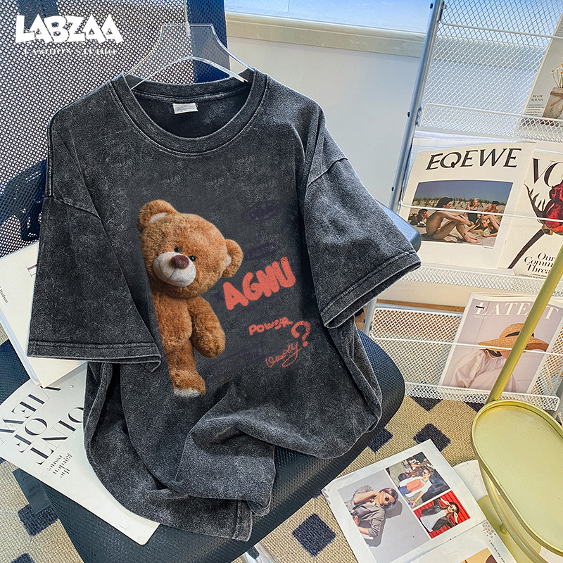 เสื้อยืดสีฟอกแขนสั้นลายหมีแทดดี้สไตล์อเมริกัน ผ้าคอตตอน 100% สำหรับผู้ชายและผู้หญิง YG63
