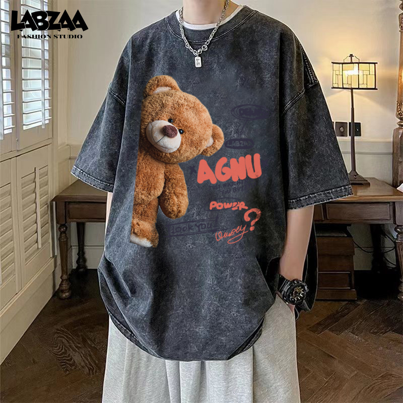 เสื้อยืดสีฟอกแขนสั้นลายหมีแทดดี้สไตล์อเมริกัน ผ้าคอตตอน 100% สำหรับผู้ชายและผู้หญิง YG63