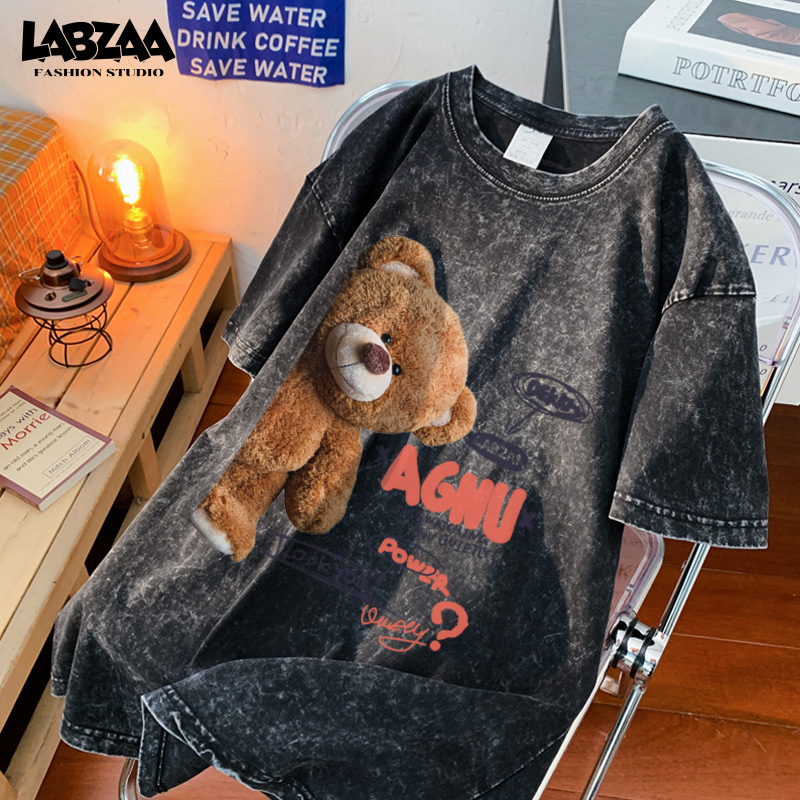 เสื้อยืดสีฟอกแขนสั้นลายหมีแทดดี้สไตล์อเมริกัน ผ้าคอตตอน 100% สำหรับผู้ชายและผู้หญิง YG63