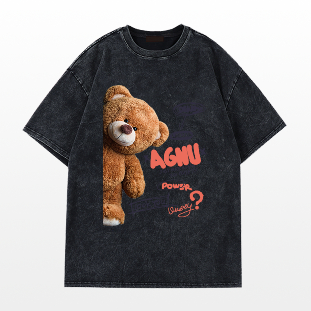 เสื้อยืดสีฟอกแขนสั้นลายหมีแทดดี้สไตล์อเมริกัน ผ้าคอตตอน 100% สำหรับผู้ชายและผู้หญิง YG63