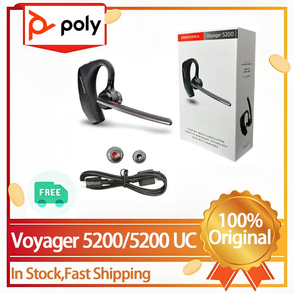 Poly PLT Voyager 5200/5200 UC ชุดหูฟังไร้สายบลูทูธลดเสียงรบกวนหูฟังธุรกิจซอฟต์แวร์-Enabled Windsmart