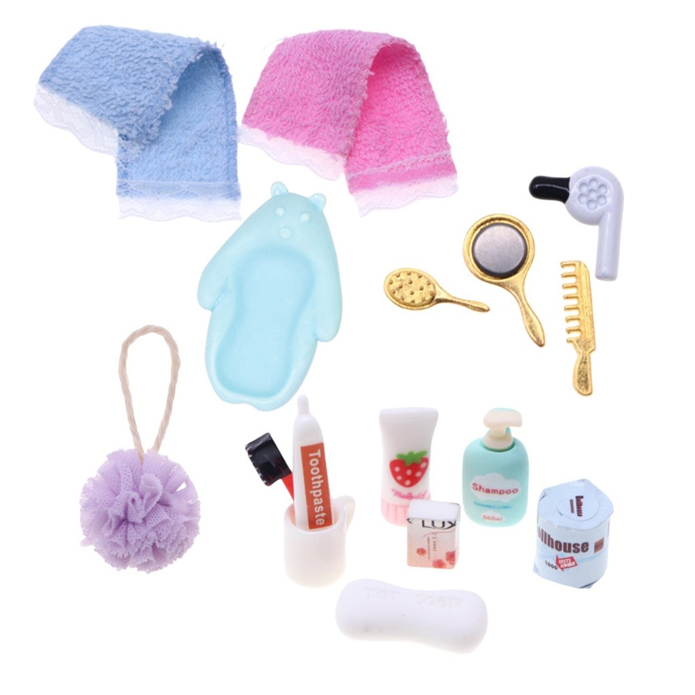 15 ชิ้นชุดบ้านตุ๊กตามินิอุปกรณ์อาบน้ําชุดอุปกรณ์ห้องน้ําจําลองยาสีฟันสบู่ผ้าขนหนูเครื่องเป่าผมหวีกระจกรุ่น