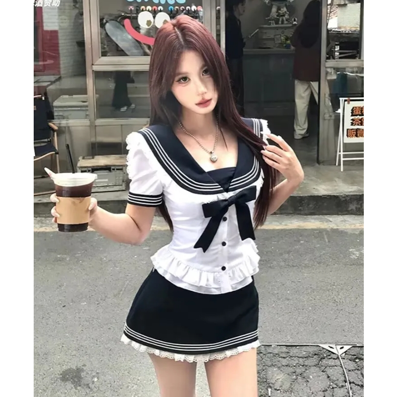 เสื้อแขนสั้นติดโบว์+กระโปรงสั้น สไตล์สาวเกาหลี สีฟ้า ชุดเจ้าหญิง ชุดไปทะเล