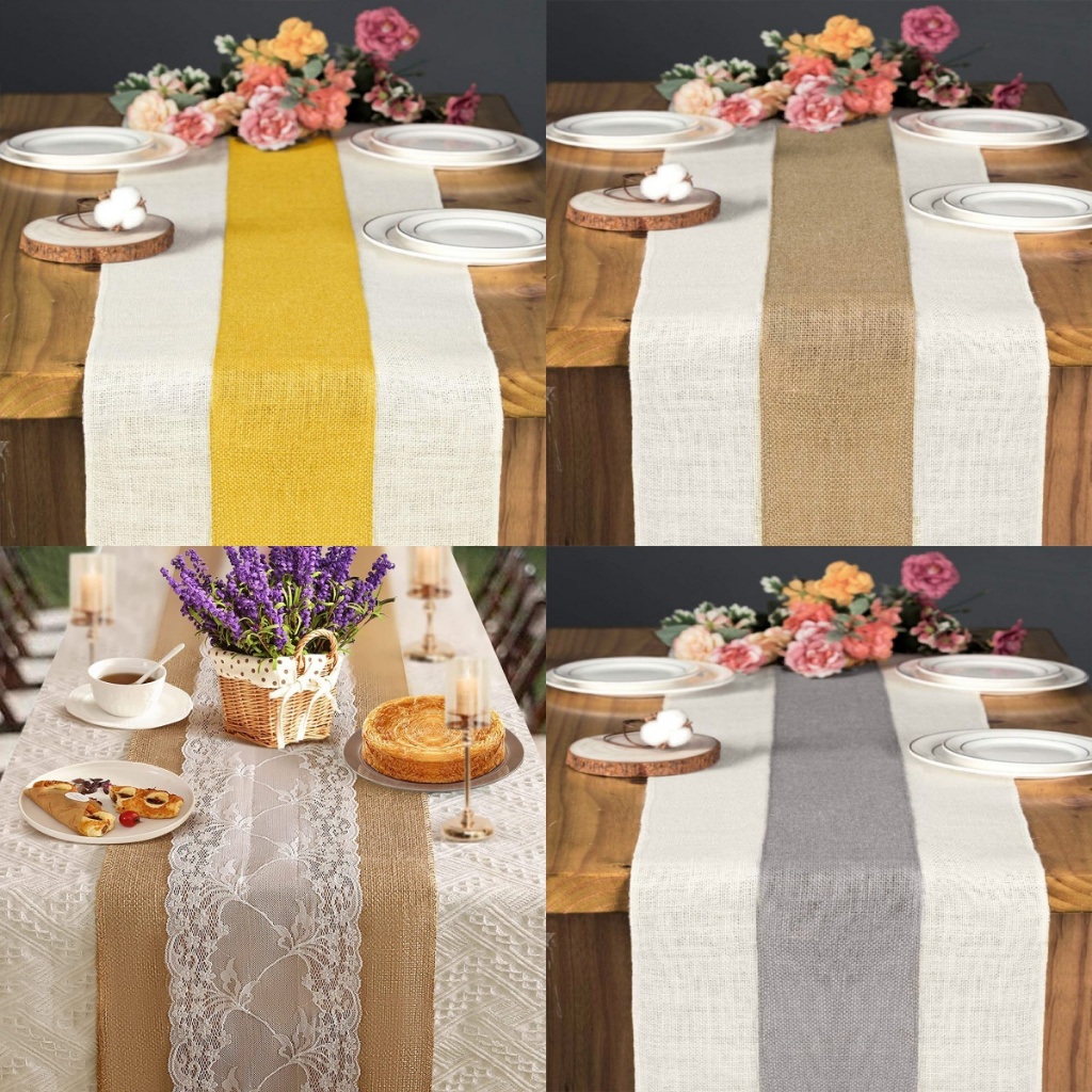 ปอกระเจาธรรมชาติทอตาราง Runner ขิงสีเหลืองสีเทา Spliced ผ้าสีขาว Rustic งานแต่งงานอเมริกันตกแต่งผ้าปูโต๊ะวันเกิดงานแต่งงานวาเลนไทน์คริสต์มาสปีใหม่ตกแต่งบ้าน