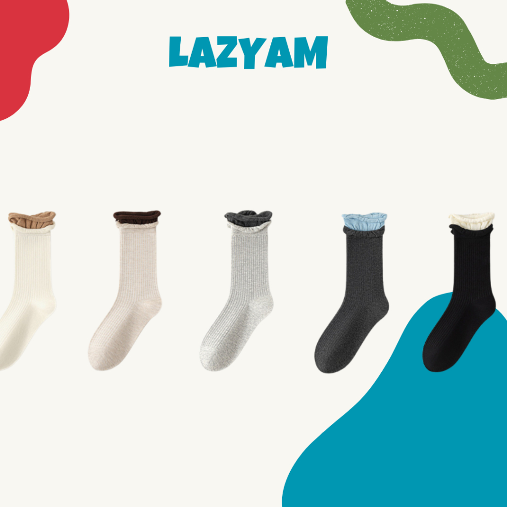 LAZYAM ถุงเท้าผู้หญิง Cotton ลายบล็อกสี ปลายซ้อนคู่ เนื้อผ้าซับเหงื่อป้องกันแบคทีเรียเกรด 7A