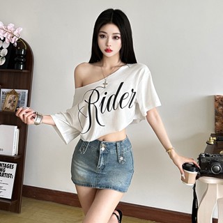 Kliou พิมพ์เสื้อยืดขนาดใหญ่ไหล่ไม่สม่ําเสมอ Patchwork แขนสั้…