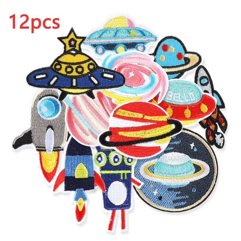 12pcs Lot แพทช์สําหรับเสื้อผ้าเด็กเด็ก Space Bulk Star UFO เหล็กปัก Diy Naszywka ความร้อน Parches Designer เย็บ