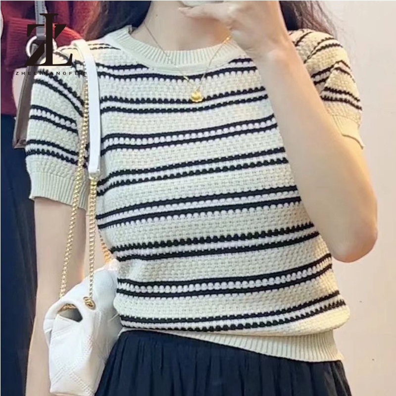 ZHELIHANGFEI เสื้อถักแขนสั้นคอกลมลายทางสำหรับผู้หญิง