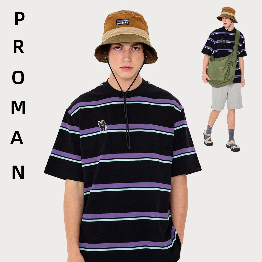 ProMan-เสื้อยืดลายทางย้อนยุคสไตล์ญี่ปุ่น  แขนสั้นพิมพ์ลายการ์ตูนผู้ชาย  คอกลม  สีต่อ  ยอดนิยม