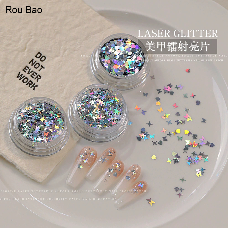 Rou Bao เล็บเลเซอร์ Glitter เลื่อมหัวใจผีเสื้อ Starburst Girly เล็บ Art DIY Charms ตกแต่ง
