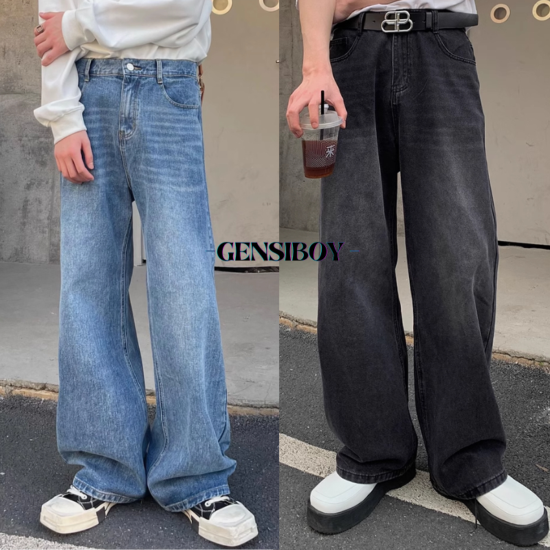 Gensiboy-กางเกงยีนส์ผู้ชาย ขายาว ทรงหลวมสไตล์เกาหลี baggy jeans ย้อนยุค